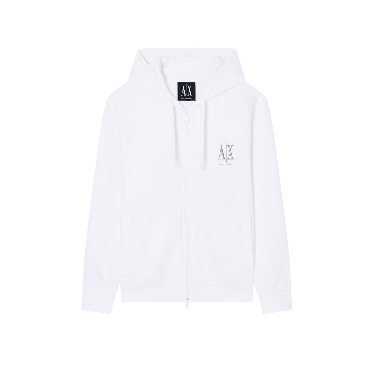 Sweat zippé à capuche Armani Exchange homme blanc, logo AX imprimé sur la poitrine gauche, fermeture éclair pleine longueur