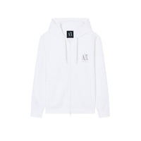 Sweat zippé à capuche Armani Exchange homme blanc, logo AX imprimé sur la poitrine gauche, fermeture éclair pleine longueur