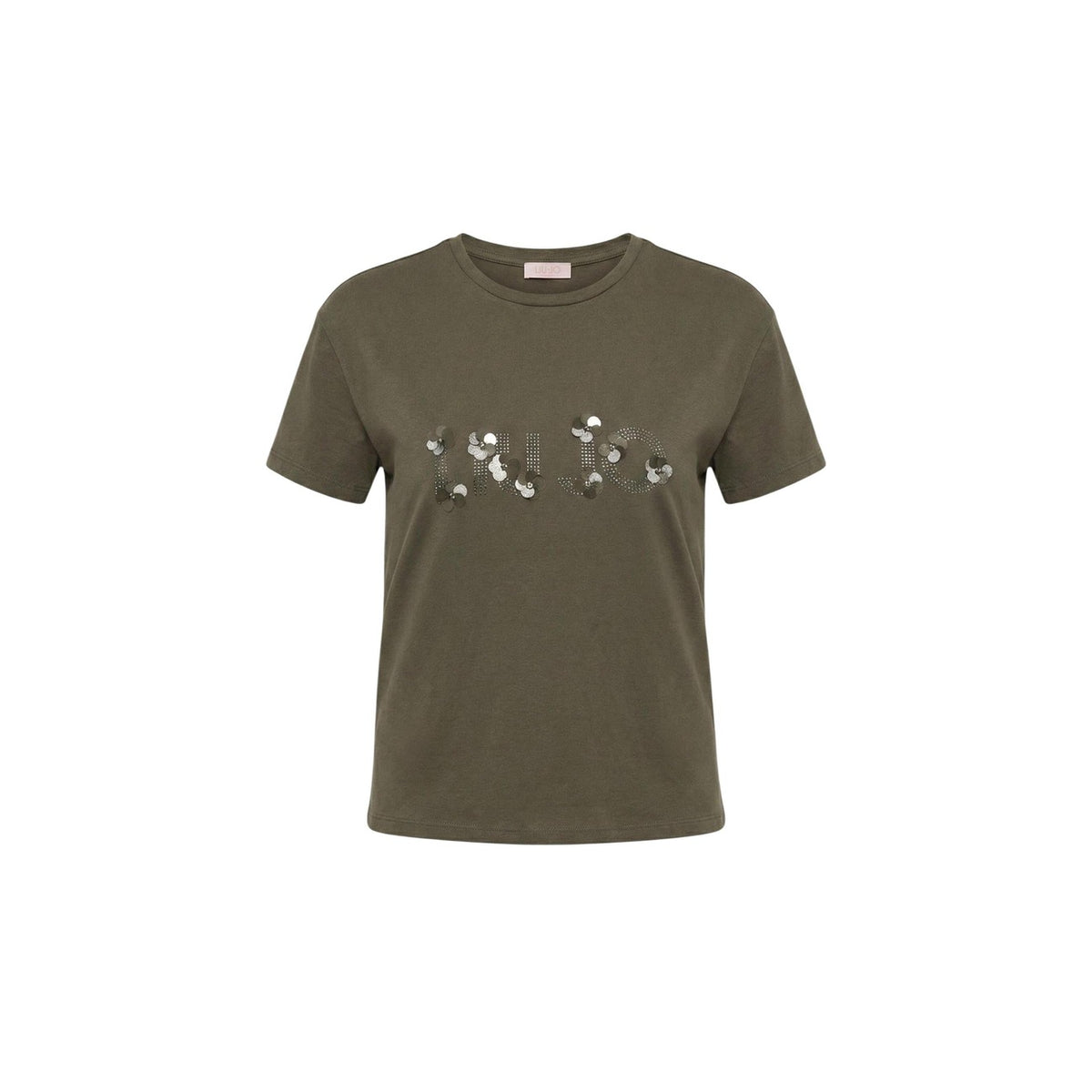 Image 2 : T-shirt crop Liu Jo femme couleur kaki avec appliqués de sequins miroir argentés sur le devant — Delvale