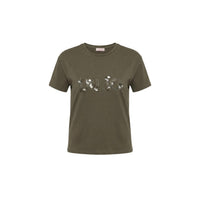 Image 2 : T-shirt crop Liu Jo femme couleur kaki avec appliqués de sequins miroir argentés sur le devant — Delvale