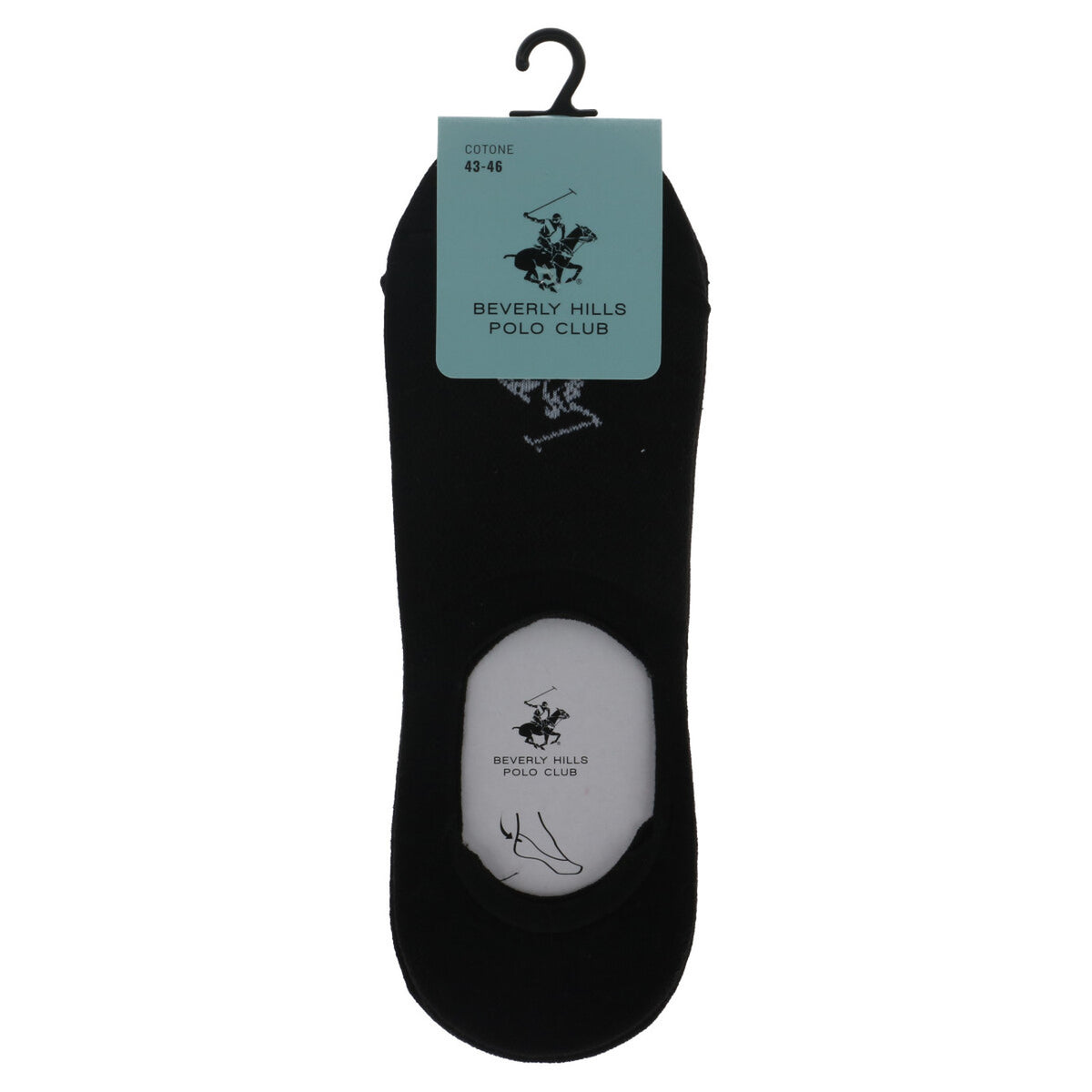 Image 1 : Pack de chaussettes invisibles Beverly Hills Polo Club homme, coloris noir, étiquette taille 43-46 visible, présentation face avant — Delvale