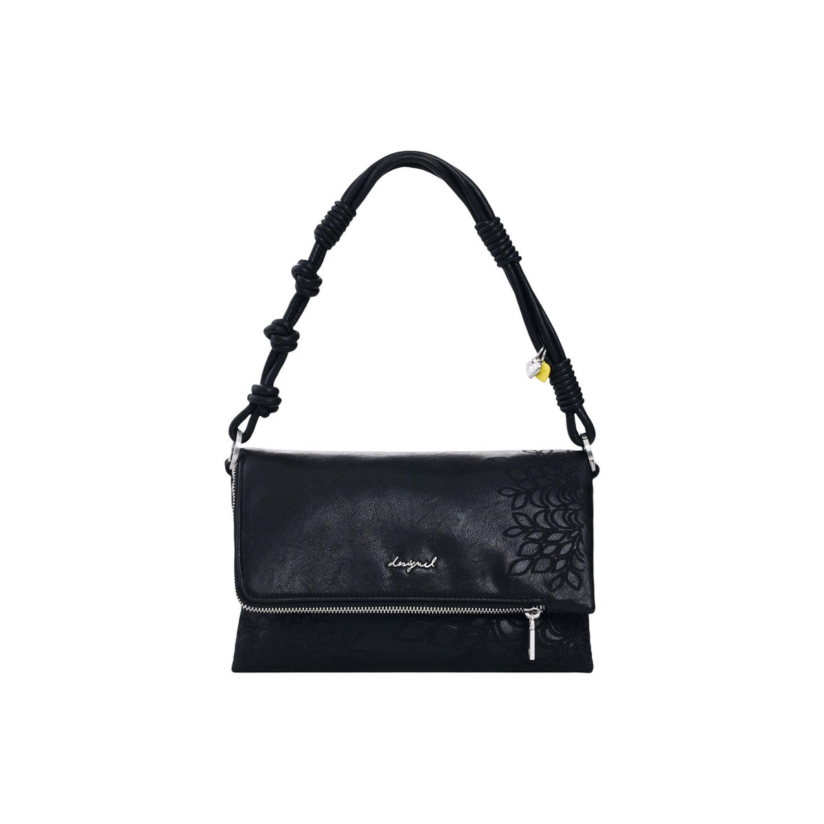 Image 1 : Sac à main Desigual noir verni avec rabat gaufré motif feuillage et anse nouée — delvale