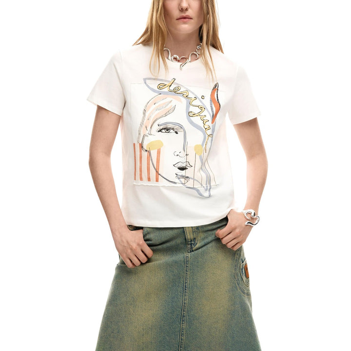 Image 1 : T-shirt Desigual femme blanc à motif imprimé, manches courtes et col rond — delvale