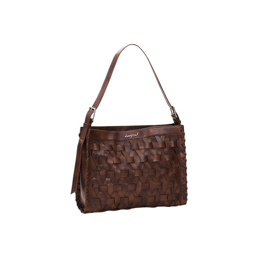 Image 2 : Détail du tressage artisanal en similicuir marron et anse réglable du sac Desigual femme — Delvale