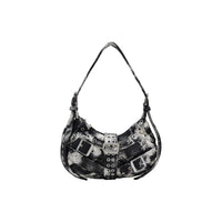 Image 1 : Desigual sac hobo femme coton noir blanc tie-dye lanières croisées double boucle hardware punk — vue face — Delvale