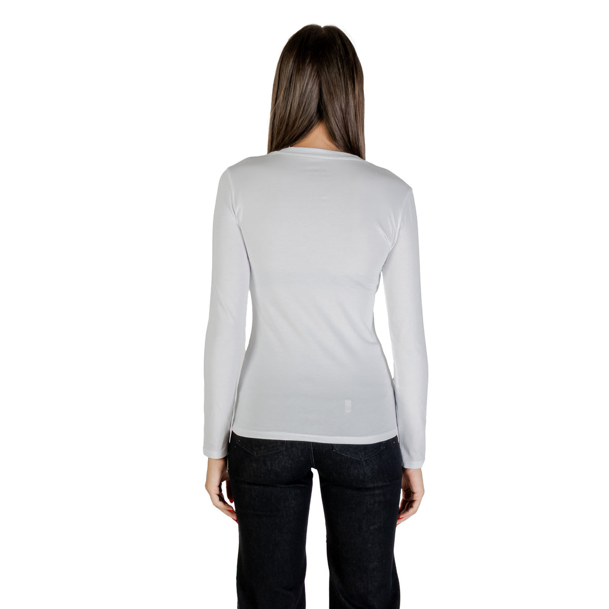 Image 2 : T-shirt blanc Armani Exchange femme avec manches longues et détails strass, vue de profil — delvale
