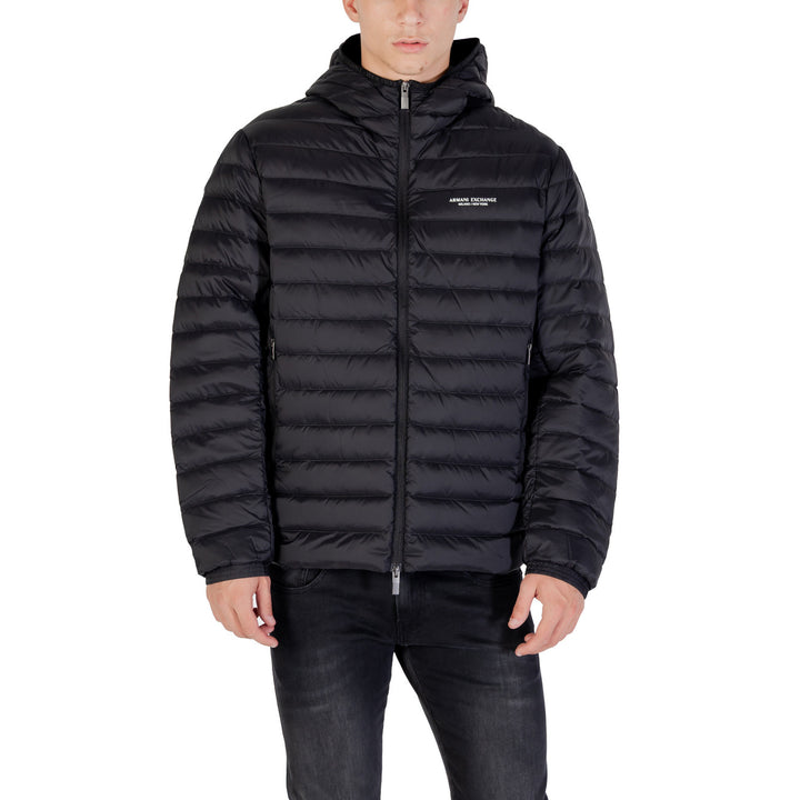 Armani Exchange doudoune homme noir quilts fins capuche logo imprimé poitrine vue de face — Delvale