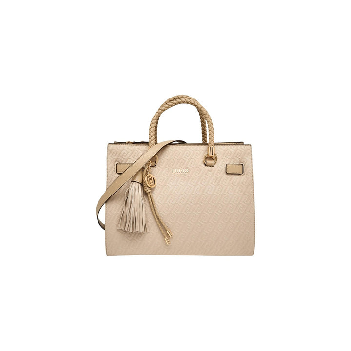 Image 1 : Sac à main Liu Jo beige face avant monogramme gaufré anses tressées bandoulière amovible pompon doré — Delvale