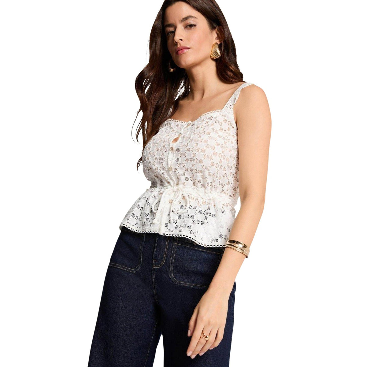 Image 9 : Top col V dentelle Morgan De Toi noir, vue d'ensemble sur mannequin féminin fond blanc — Delvale