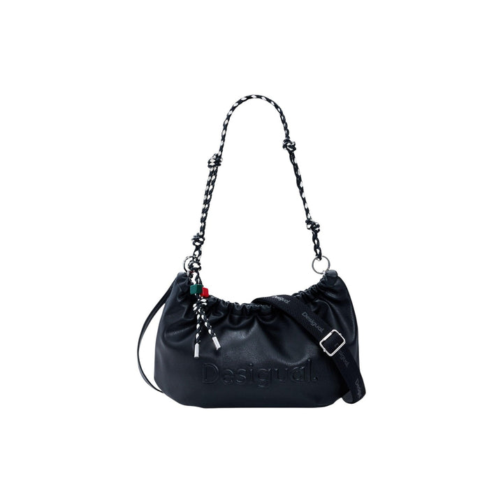 Image 1 : Sac demi-lune Desigual noir en similicuir froissé avec chaîne bicolore et logo embossé — Delvale
