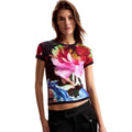 Desigual T-shirt Femme Bleu Motif Floral Manches Courtes