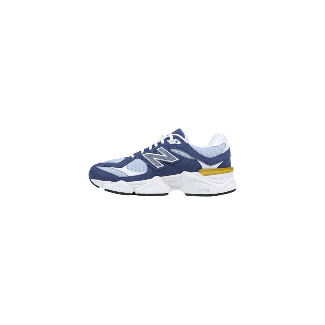 Baskets New Balance 9060 femme bleu marine jaune moutarde semelle blanche profil gauche