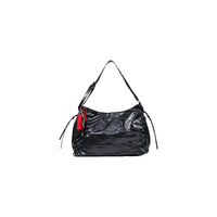 Image 1 : Desigual grand sac hobo femme noir XL froissé lacets bilatéraux breloque rouge logo cursif argenté — vue face — Delvale