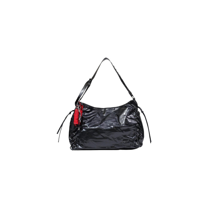 Image 1 : Desigual grand sac hobo femme noir XL froissé lacets bilatéraux breloque rouge logo cursif argenté — vue face — Delvale