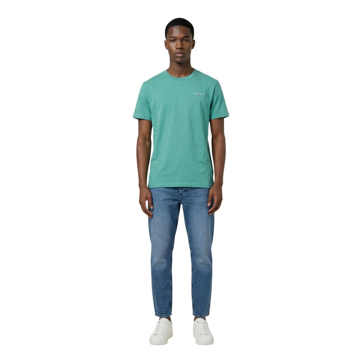 Image 2 : T-shirt Tommy Hilfiger Jeans homme vert, détail du col rond et des manches courtes — Delvale