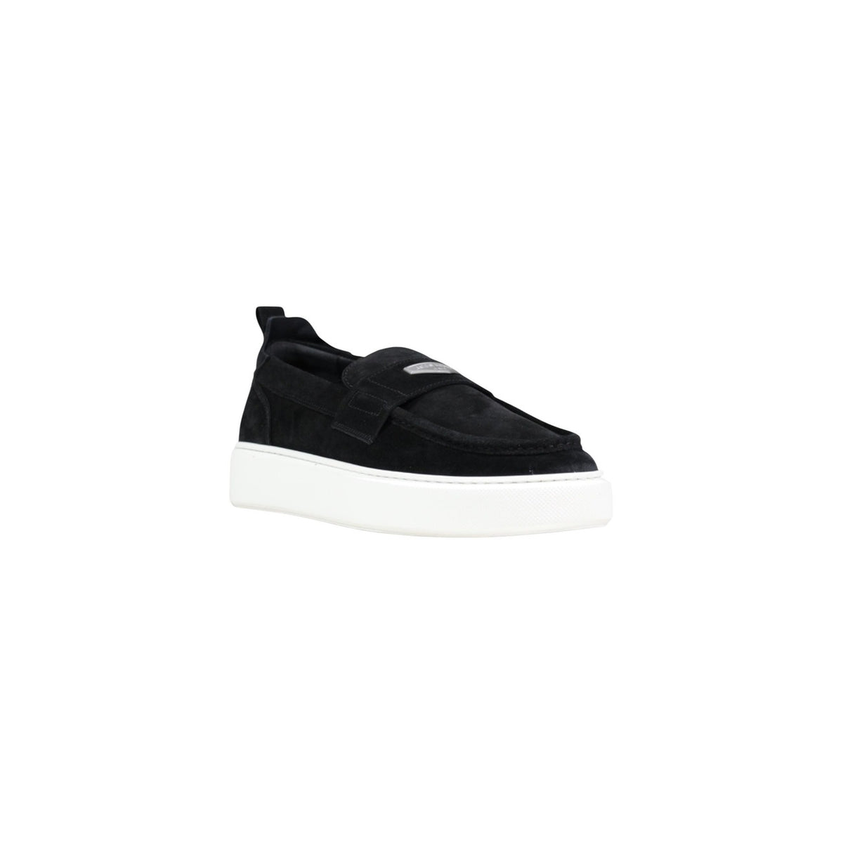 Vue trois quarts du mocassin Antony Morato Rowan homme noir en daim avec détail métallique