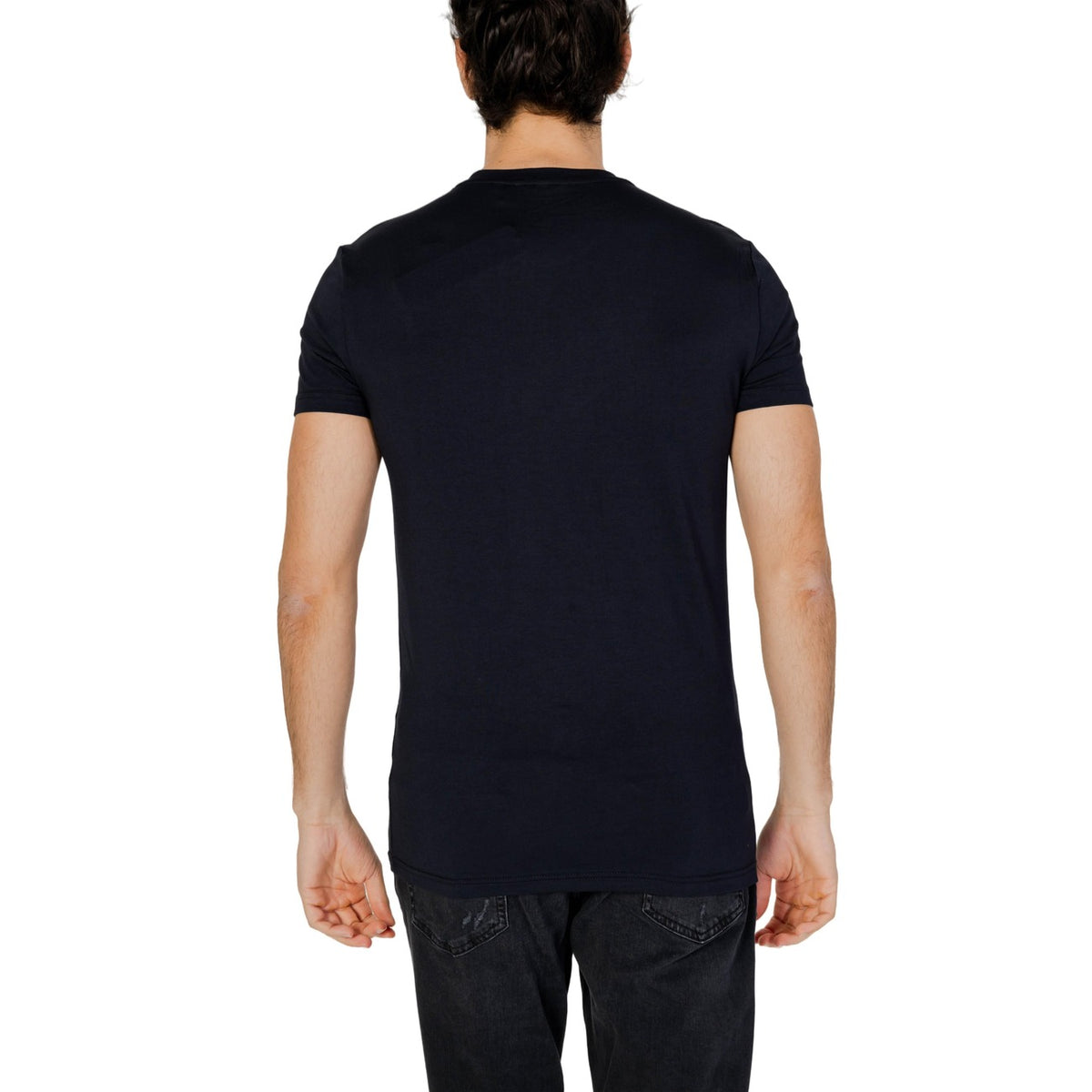 Image 2 : T-shirt col V bleu marine Antony Morato porté par un homme, détail de la coupe ajustée et des manches courtes — 9yvwh4-xt