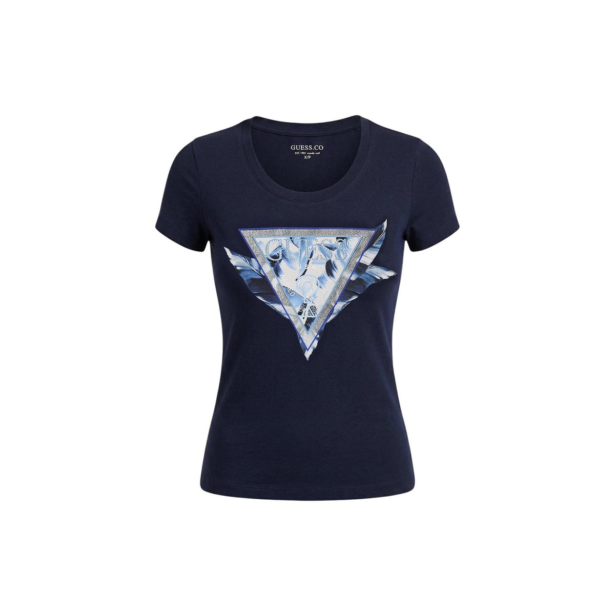 Image 2 : Détail de l'impression du t-shirt Guess femme bleu, coupe moderne et élégante — Delvale