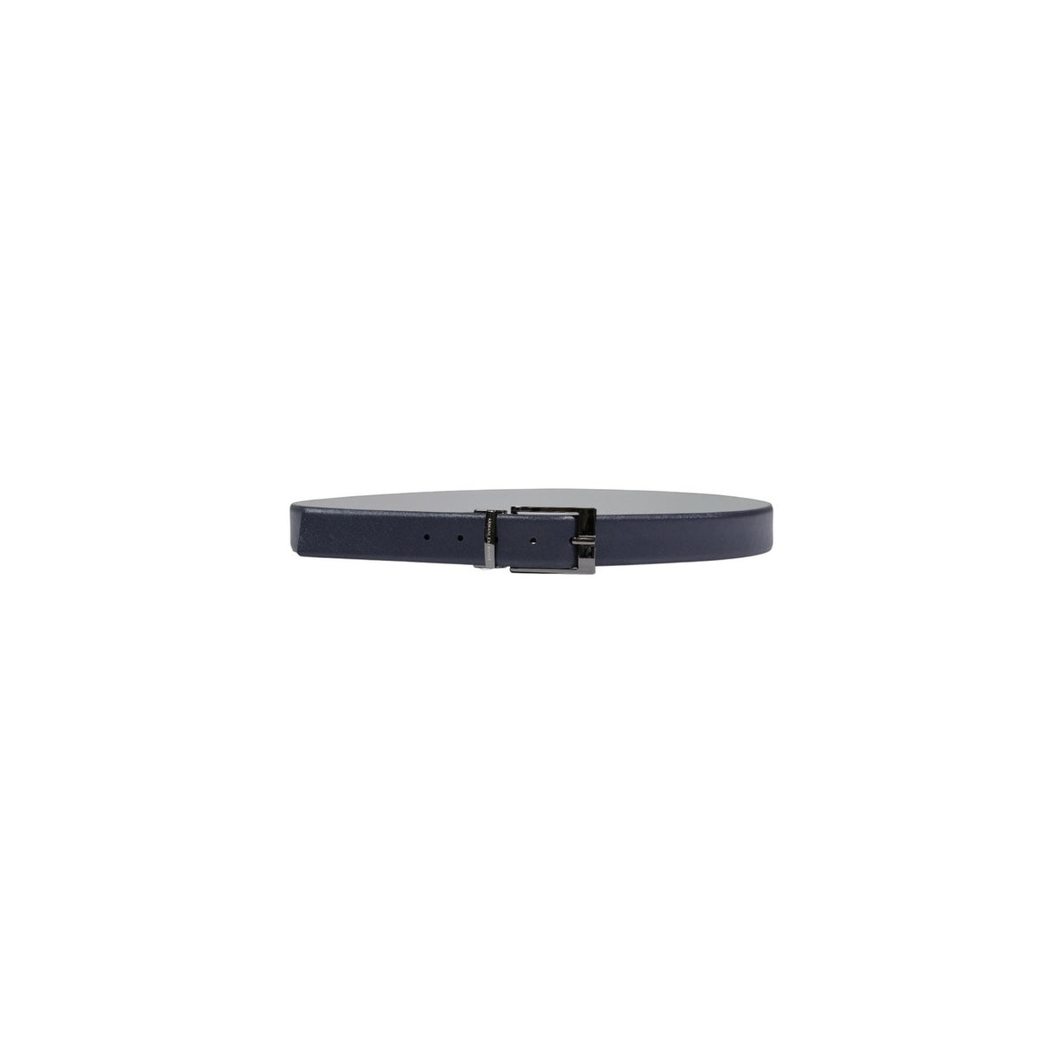 Image 1 : Ceinture homme Armani Exchange en cuir lisse bleu marine, boucle logotée gunmetal, vue de face enroulée sur fond blanc — Delvale