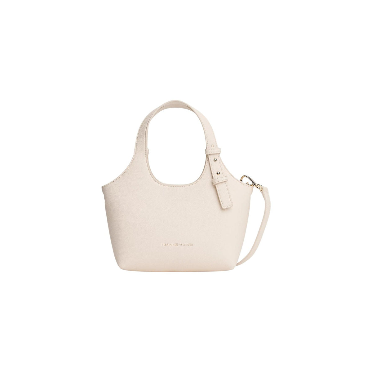 Image 1 : Mini cabas Tommy Hilfiger femme en simili cuir grainé beige crème, vue de face avec bandoulière amovible et anses rondes — Delvale
