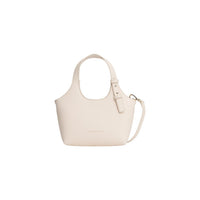 Image 1 : Mini cabas Tommy Hilfiger femme en simili cuir grainé beige crème, vue de face avec bandoulière amovible et anses rondes — Delvale