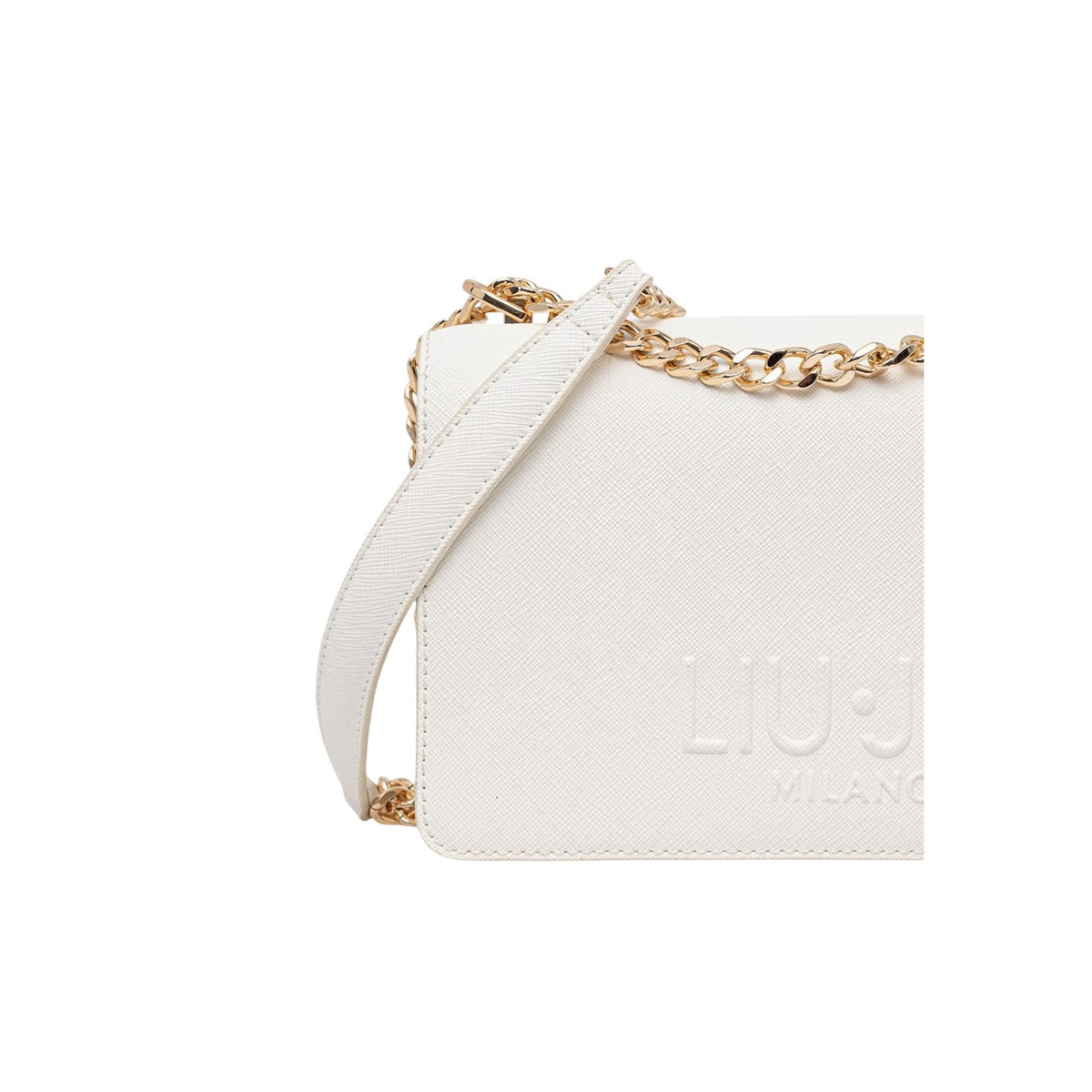 Image 3 : Détail du logo Liu Jo Milano embossé sur sac bandoulière blanc, finitions dorées — Delvale