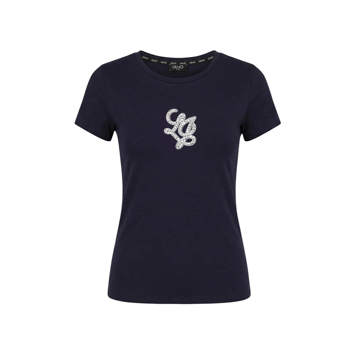 Image 1 : T-shirt femme Liu Jo bleu marine avec logo strass scintillant centré sur la poitrine, manches courtes et encolure ronde — Delvale