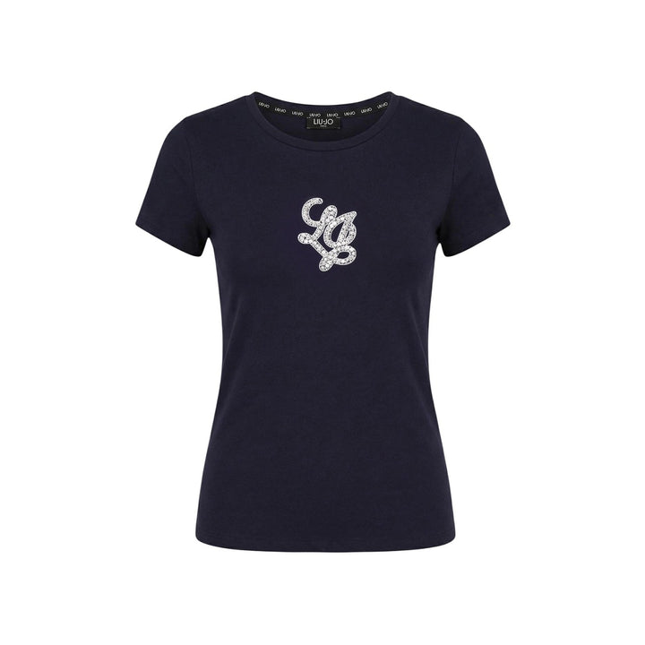 Image 1 : T-shirt femme Liu Jo bleu marine avec logo strass scintillant centré sur la poitrine, manches courtes et encolure ronde — Delvale