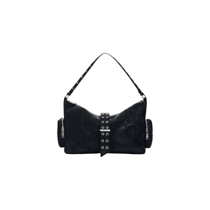 Image 1 : Grand sac hobo Desigual noir en coton avec motif floral gaufré et poches cylindriques — delvale