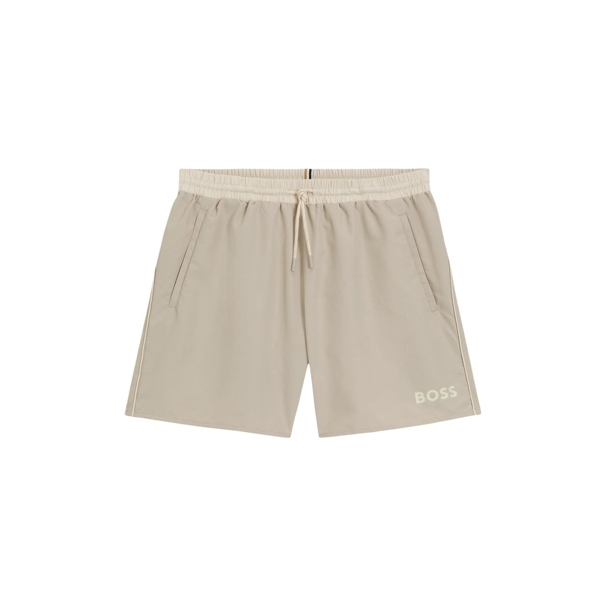 Short de bain Boss beige à plat — détail tissu polyester et cordon lacet