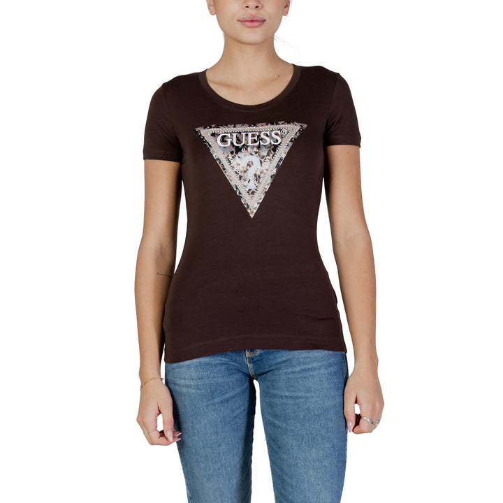 Image 1 : T-shirt Guess femme marron avec imprimé original manches courtes — delvale