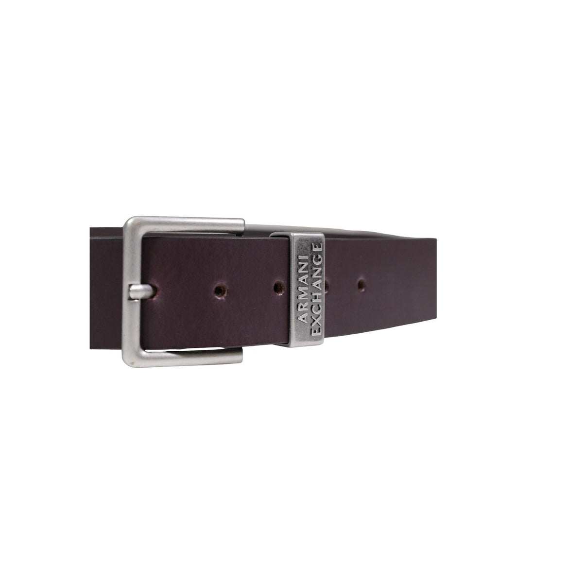 Image 3 : Ceinture cuir marron Armani Exchange homme posée à plat, vue d'ensemble des perforations et de l'ardillon — Delvale
