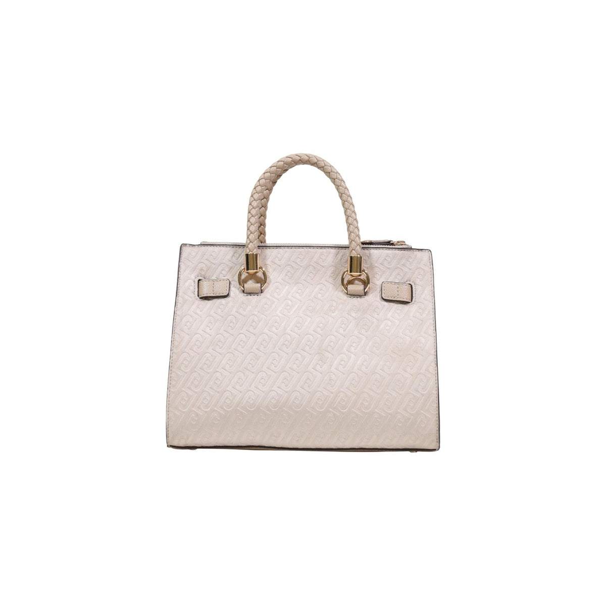 Image 3 : Détail embossage monogramme Liu Jo sur sac à main femme beige structuré avec anses tressées et anneau métallique doré — Delvale