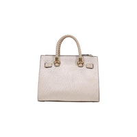 Image 3 : Détail embossage monogramme Liu Jo sur sac à main femme beige structuré avec anses tressées et anneau métallique doré — Delvale