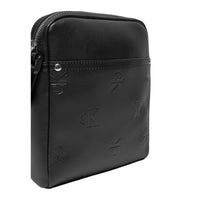 Calvin Klein Sacoche Noir Monogramme CK Gaufré Poche Façade Vue Trois Quarts — Delvale