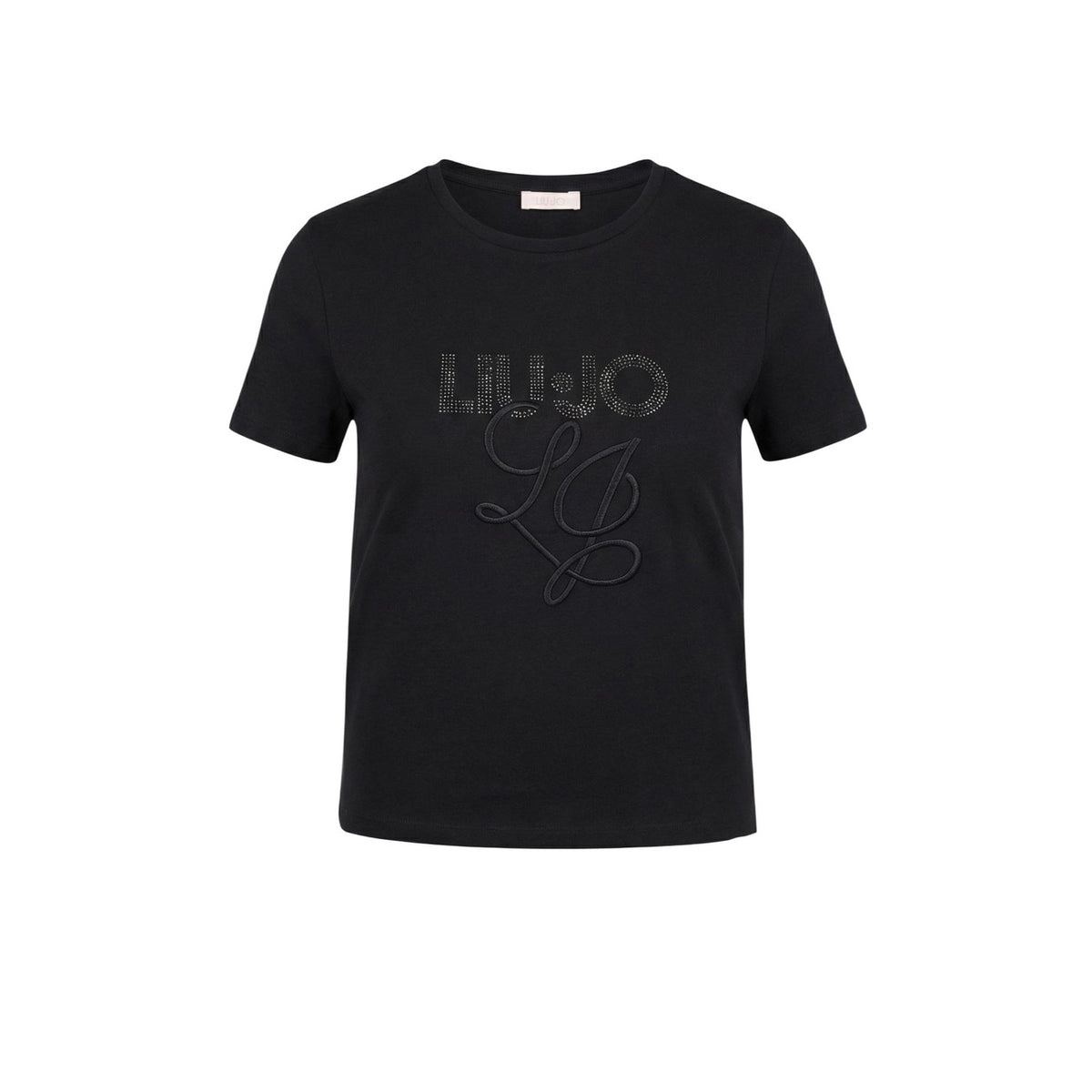 Image 5 : Vue trois quarts du t-shirt crop Liu Jo femme kaki à sequins argentés manches retroussées — Delvale