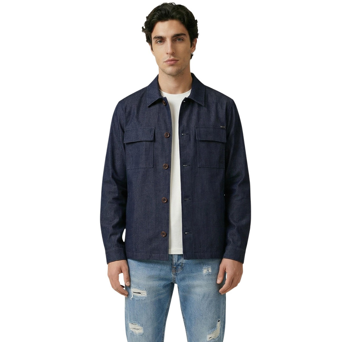 Image 1 : Chemise homme Gianni Lupo bleue en lyocell manches longues col classique, vue de face — delvale