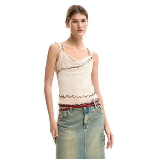 Image 1 : Top Desigual femme beige sans manches avec col V élégant — Delvale