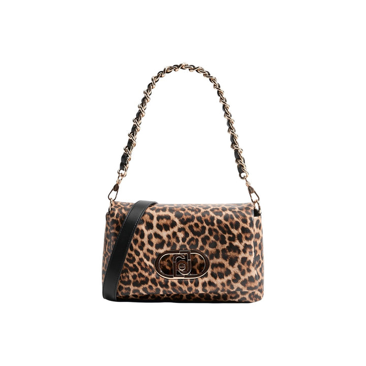 Image 1 : Sac baguette Liu Jo imprimé léopard brun et noir, anse chaîne dorée tressée et fermoir signature tournant doré rosé, fond blanc — Delvale