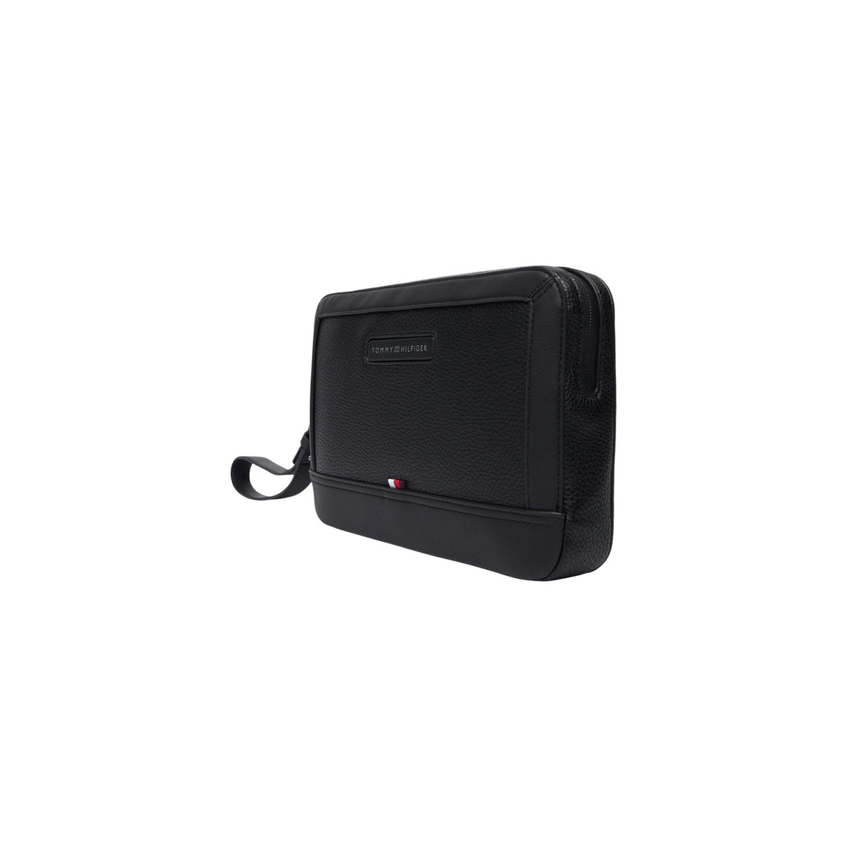 Image 3 : Vue de trois quarts de la pochette homme Tommy Hilfiger noire, texture cuir grainé et dragonne souple visible — Delvale