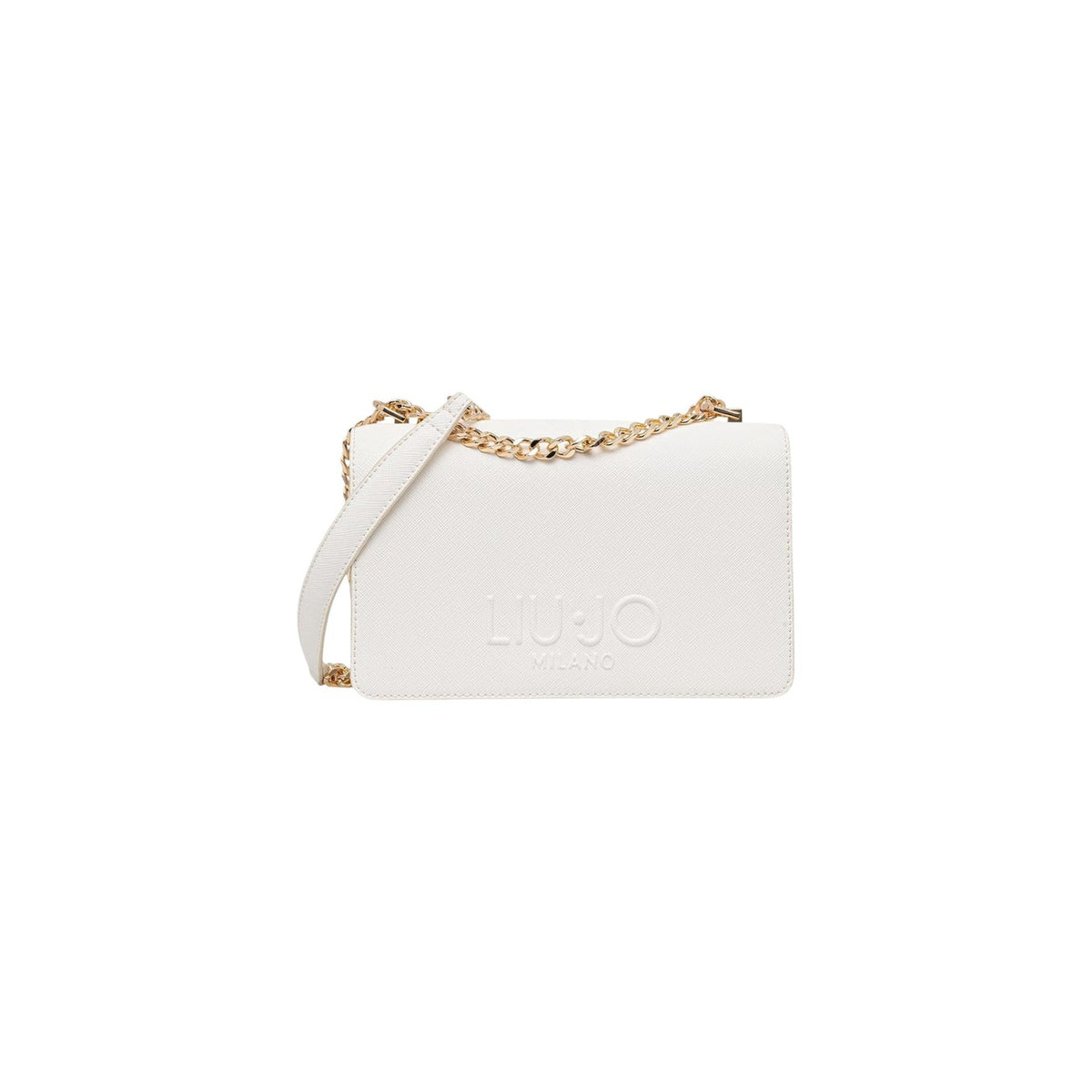 Image 1 : Sac bandoulière Liu Jo femme blanc avec chaîne dorée et logo Milano embossé, vue de trois quarts — Delvale