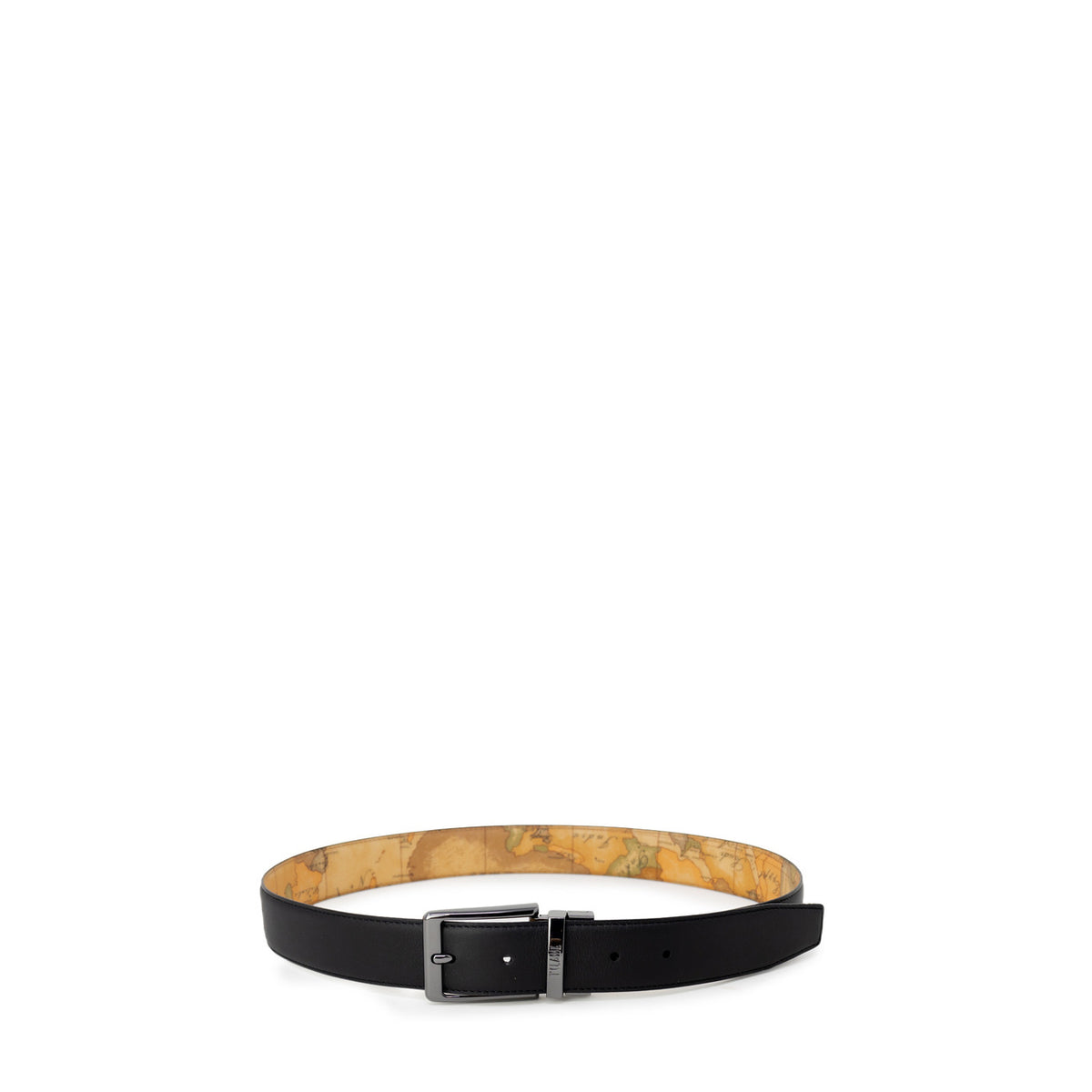 Image 2 : Détail de la boucle rectangulaire en métal finition gunmetal de la ceinture Alviero Martini Prima Classe homme coloris noir — Delvale