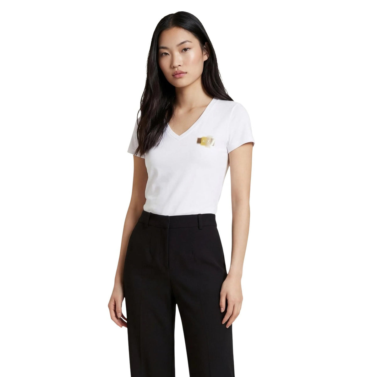 Image 1 : T-shirt blanc Armani Exchange femme col V manches courtes coton premium — delvale