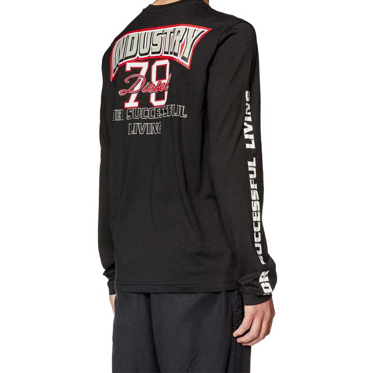 T-shirt manches longues Diesel homme noir, imprimé Industry 78 For Successful Living au dos, inscription manche gauche blanche — Delvale