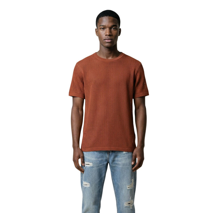 T-shirt maille côtelée Antony Morato homme crème – vue portée de face avec jean délavé