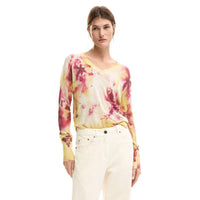 Image 1 : Pull Desigual femme rose à motifs floraux avec col V et manches longues — delvale