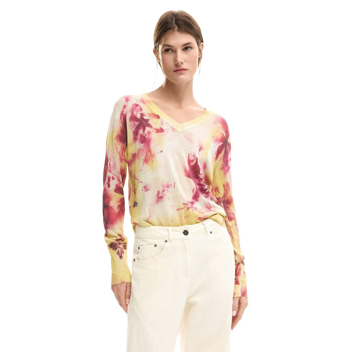 Image 1 : Pull Desigual femme rose à motifs floraux avec col V et manches longues — delvale