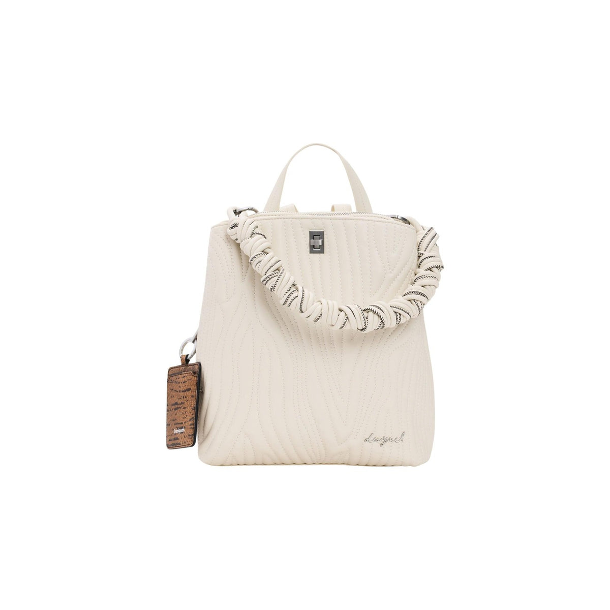 Image 1 : Sac convertible Desigual beige matelassé vue de face, anse froncée bicolore et breloque liège — Delvale