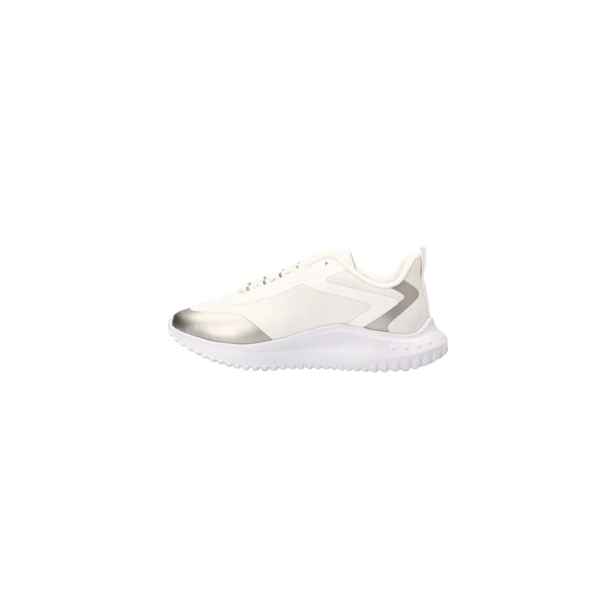 Image 3 : Baskets Calvin Klein Jeans femme vue de dessus, tige textile structurée blanc et argent, semelle épaisse blanche crantée visible — Delvale