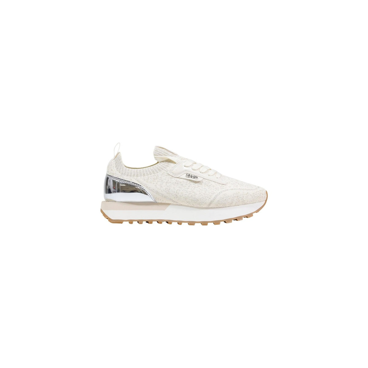 Image 1 : Sneaker femme Liu Jo en maille knit beige avec insert miroir argenté au talon et semelle caramel, vue de profil droit — Delvale